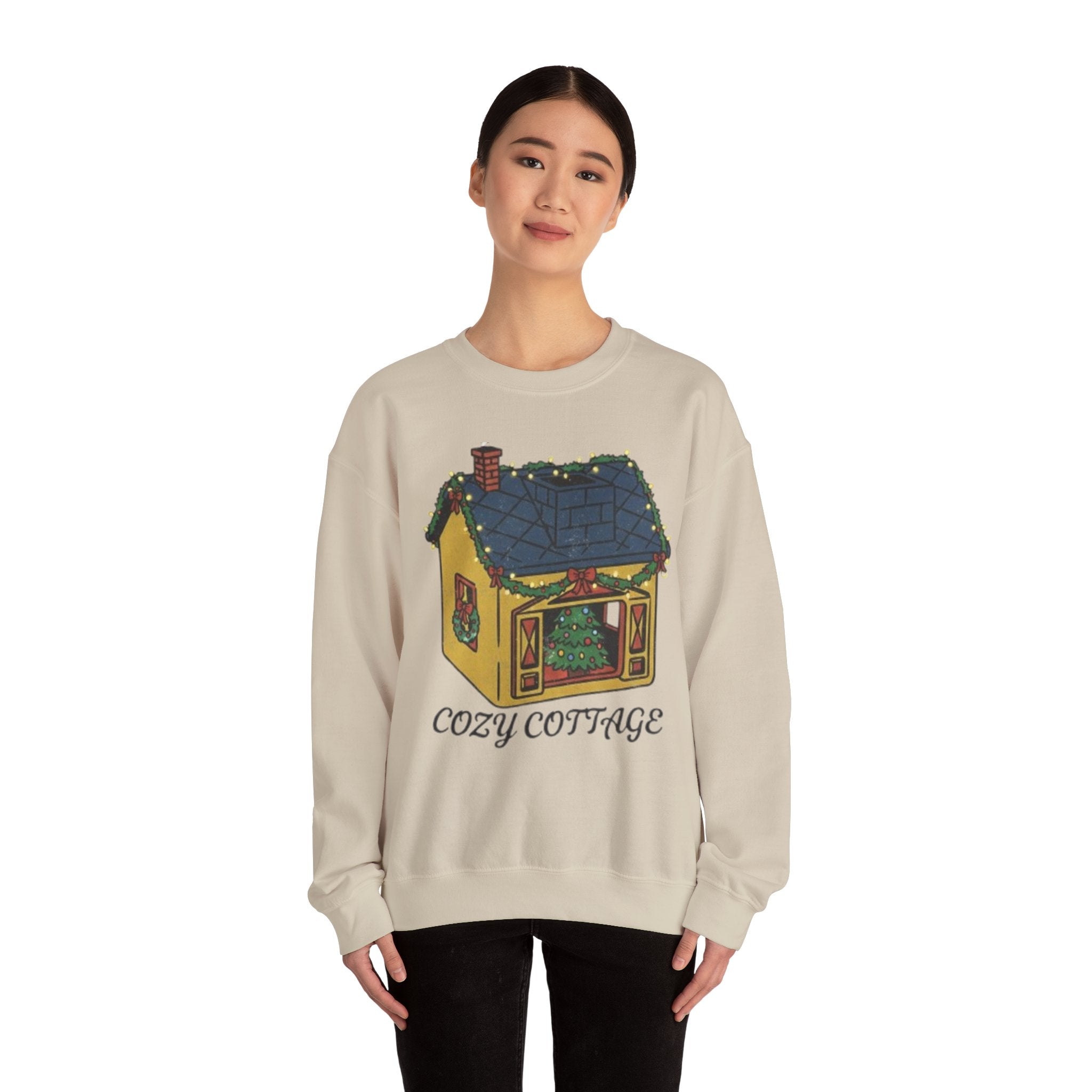 Cozy Cottage Crewneck Sweatshirt — Cute Yellow Cottage Graphic