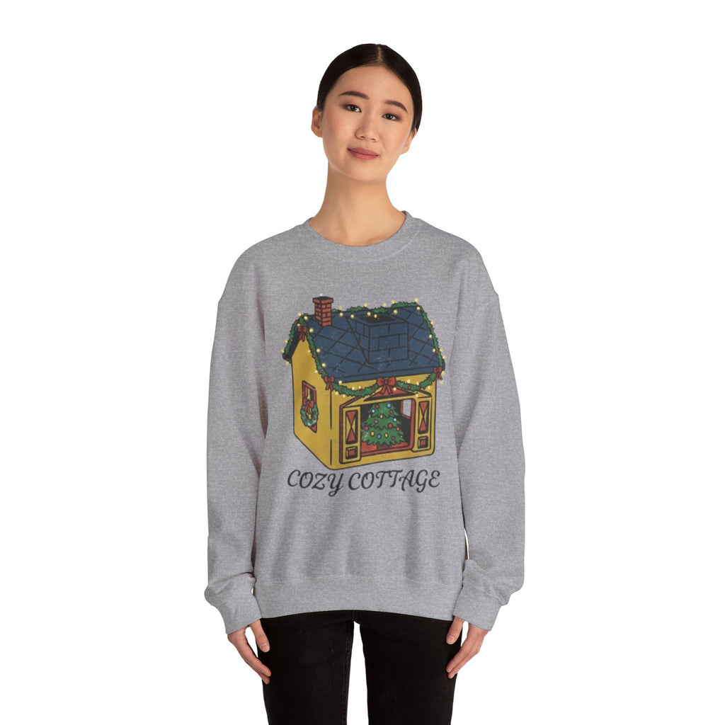 Cozy Cottage Crewneck Sweatshirt — Cute Yellow Cottage Graphic